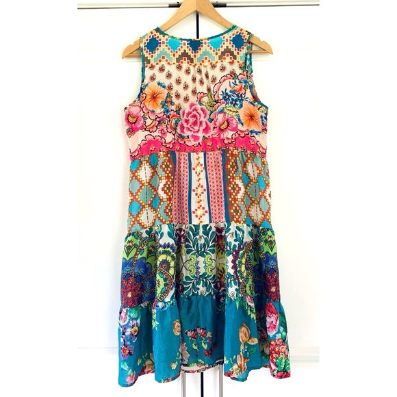 Johnny Was Silk Dress Colorful Patchwork Print Embroidered Tiered Slip Size XS - Picture 2 of 7